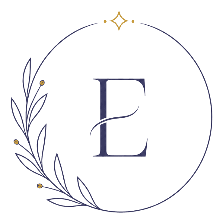 Emeri E monogram framed by a circular botanical flourish